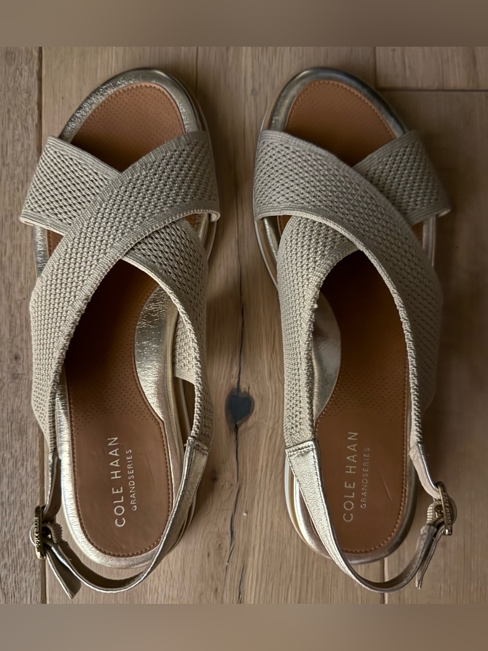 Cole Haan Beige Woven Cross-Strap Sandals with Metallic Accents